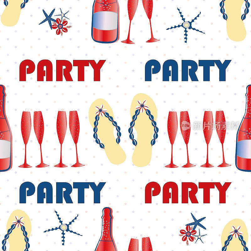 Party flip - flop shoes无缝矢量图案背景。红色，蓝色，白色背景文字，凉鞋，香槟瓶，海星鱼。几何美国颜色重复海滩主题庆祝